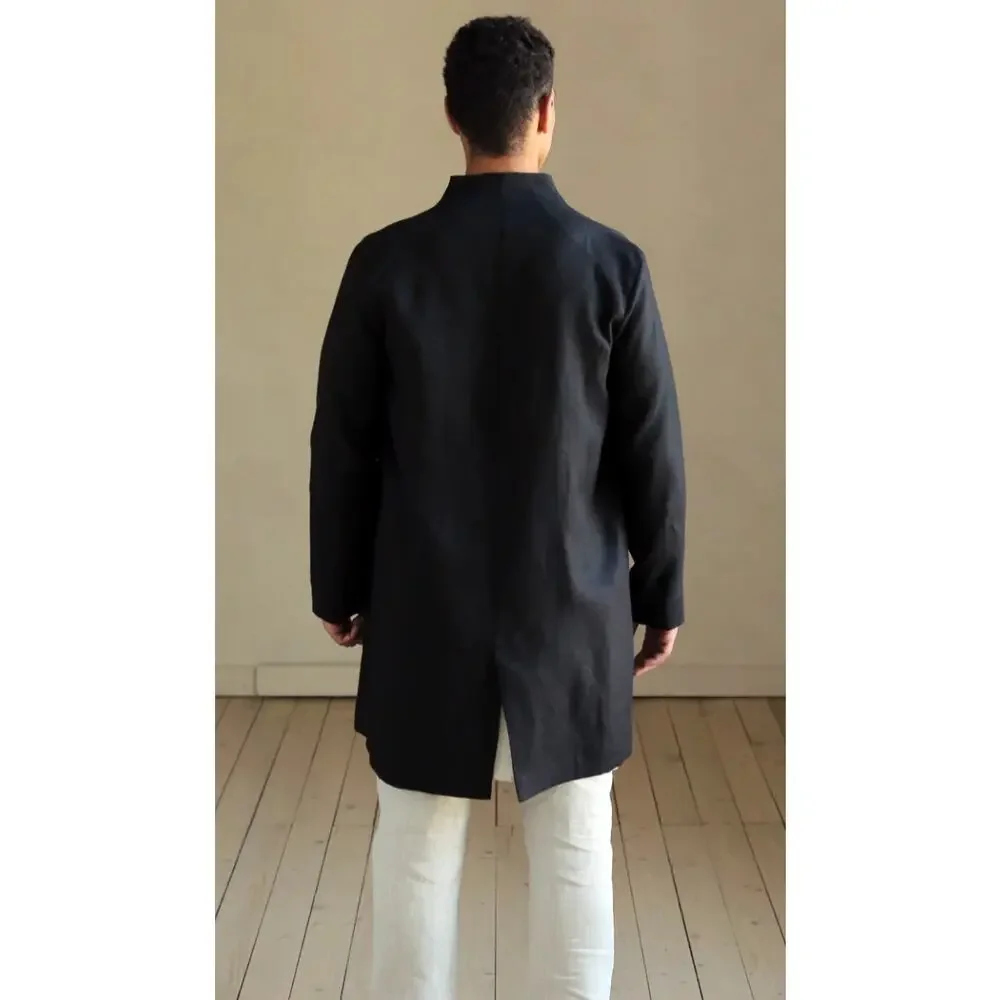 Black Ficus Linen Trench Almond in Black Mens S Longline Duster Open Front